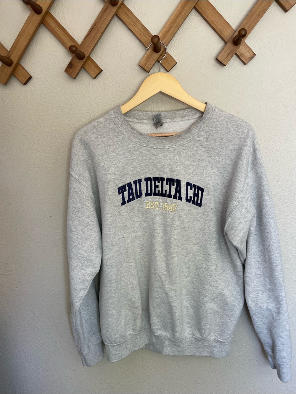 Gildan Heather Gray Crewneck Sweatshirt with Navy & Gold Lettering